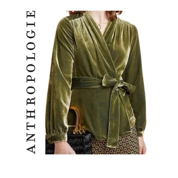Anthropologie Olive Green Velvet Wrap Blouse - Picture 1 of 10